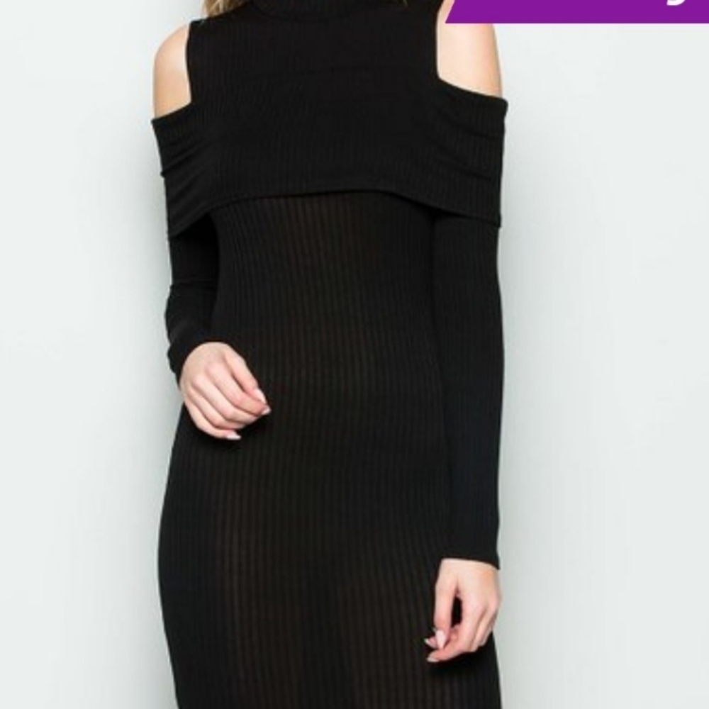 CY Fashion Ribbed Bodycon Black Cold Shoulder, Long Sleeve Fitted Dress hp 10x🔥 - Picture 4 of 13